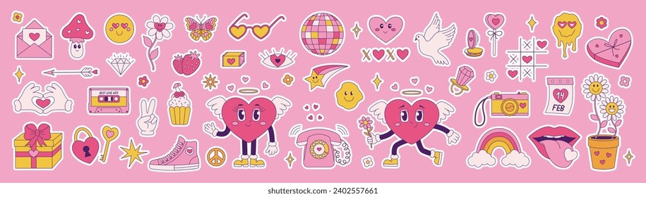 Retro groovy big set for Valentines Day. Hippie love sticker, funny characters in shape of heart, trend 60s 70s. Vector cartoon illustration