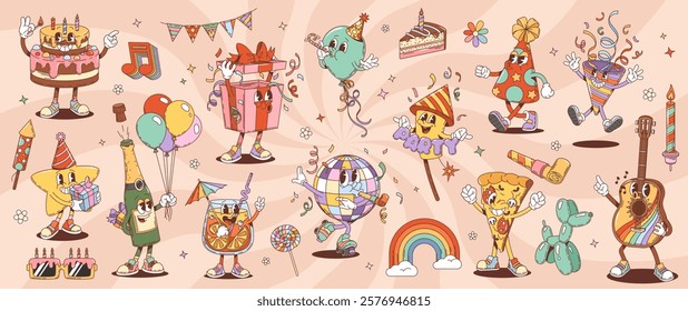 Retro groovy birthday and anniversary holiday characters vector set. Vintage party cake, present, balloon, fireworks and cocktail. Pizza, disco ball and champagne bottle celebrating festive occasion