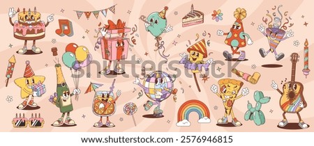 Retro groovy birthday and anniversary holiday characters vector set. Vintage party cake, present, balloon, fireworks and cocktail. Pizza, disco ball and champagne bottle celebrating festive occasion