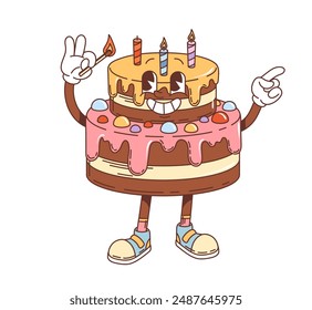 Retro groovy birthday cake character. Isolated cartoon vector festive pastry personage ready to light the candles, with colorful icing and a big smile, enjoying cheerful birthday event celebration