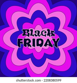 Fondo del Retro Groovy Black Friday. Patrón psicodélico vintage estilo 90. Dibujo vectorial de caricatura para banner de venta, publicidad web, promoción, plantilla de diseño de publicaciones en medios sociales