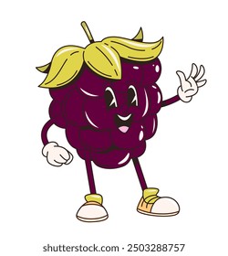 Retro groovy blackberry character waving hand. Isolated cartoon vector naughty comic berry personage with a wide smile. Cute and funny ripe fruit wearing gloves and boots express positive emotions