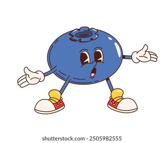 Retro groovy blueberry berry character. Isolated cartoon vector surprised bilberry wears sneakers, stands with arms wide open, showcasing its curious eyes, and exuding a sense of wonder and excitement