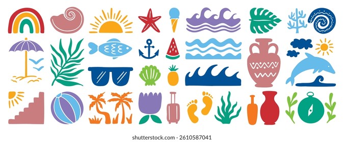 retro groovy boho geometric summer surf beach or palm tree set. beach elements hand drawn cartoon doodle signs. Vector illustration