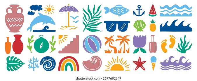 Conjunto geométrico retro de surf de verano boho groovy playa o palmera. Elementos de playa dibujados a mano carteles de dibujos animados. Ilustración vectorial