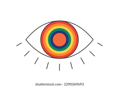 Retro groovy boho open rainbow color eye. Psychedelic hippie style bohemian design. Vintage hippy crazy esoteric iridescent pupil sticker. Abstract 60s, 70s, 80s trendy y2k. Vector eps illustration