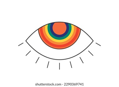 Retro groovy boho open rainbow color eye with rays eyelashes. Psychedelic hippie style design. Vintage hippy crazy esoteric iridescent pupil sticker. Abstract 60s, 70s, 80s trendy y2k. Vector eps