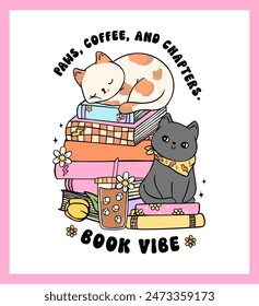 Retro Groovy book vibe with cat and iced coffee funny sticker vibrant and bold cartoon doodle drawing.