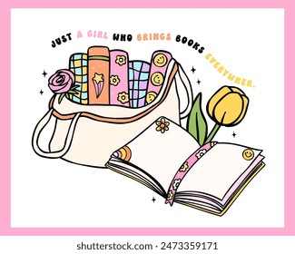 Retro Groovy bookish vibe books in tote bag vibrant and bold cartoon doodle drawing.