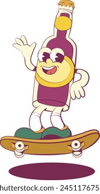Retro groovy bottle on skateboard mascot character