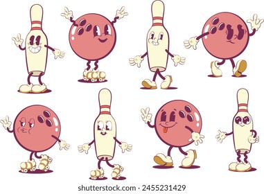 Retro groovy bowling mascot characters