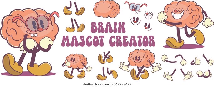 Retro groovy brain character creation kit, mascot parts, vintage cartoon character creator