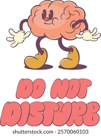 Retro groovy brain mascot with 70s style text, retro lettering