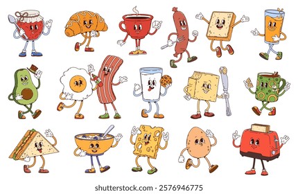 Retro groovy breakfast characters or cartoon food with funny faces, vector icons. Groovy breakfast characters or bacon and egg with porridge and toast bread with butter, cheese with milk and cookie