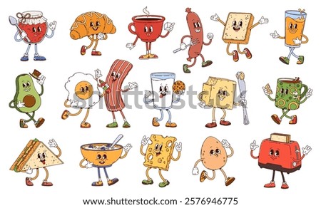 Retro groovy breakfast characters or cartoon food with funny faces, vector icons. Groovy breakfast characters or bacon and egg with porridge and toast bread with butter, cheese with milk and cookie
