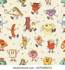 Retro groovy breakfast characters seamless pattern. Vector tile background with sandwich, coffee cup, bacon, egg, juice, and butter. Sausage, oatmeal porridge bowl tea cup and cheese slice with toast