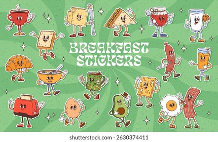 Retro groovy breakfast food dishes and drinks cartoon characters stickers pack. Vector hippie psychedelic toast, coffee, egg and bacon, croissant and cereals. Groovy cheese sandwich, sausage and tea