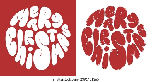 Retro groovy bubble lettering Merry Christmas. Round slogan in vintage style 60s 70s. Trendy groovy print design for background, posters, cards, tshirts.