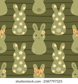 Retro groovy bunny seamless pattern. Floral bunny pattern. Easter pattern. Hand drawn vector design in flat style