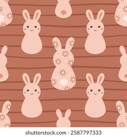 Retro groovy bunny seamless pattern. Floral rabbit pattern. Easter pattern. Hand drawn vector design in flat style
