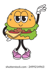 Retro groovy carácter de hamburguesa. Elemento de Vector de mascota vintage divertido. Comida chatarra. Ilustración de dibujos animados