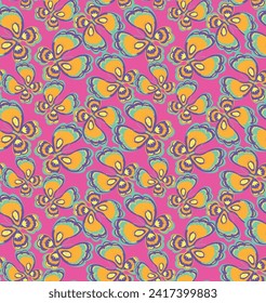 Retro groovy butterflies seamless pattern on pink background. Butterfly ornament For girl textile, fashion fabric and stationary, wrapping paper.