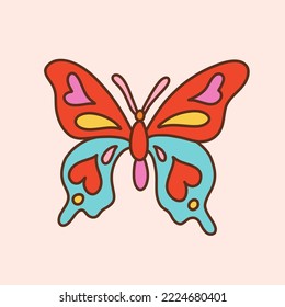 Retro groovy butterfly. Colorful vector illustration in vintage style. Nostalgic seventies design element or icon