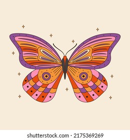 Retro Groovy Butterfly With Colorful Wings. 60s And 70s Vibes Psychedelic Vector Clipart. Cartoon Hippie Mystic Insect. Vintage Boho Illustration. Abstract Trippy Art