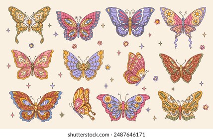 Retro groovy butterfly insects with daisy flowers and hearts. Vintage boho butterfly, psychedelic moth or funky hippie monarch vector insects with rainbow color floral ornaments on wings, groovy bugs