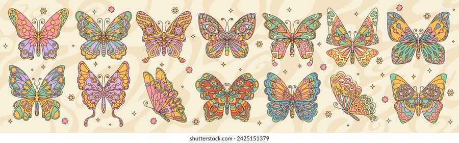 Retro groovy butterfly set, cartoon hippie art print, vector vintage decoration. Groovy butterflies with colorful ornament on wings with flower, star and heart pattern, summer hippie or funky moth