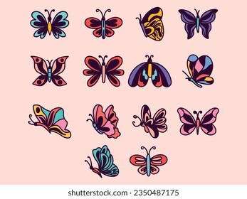 Retro groovy butterfly vector art, icons, butterfly graphics, vintage colorful butterfly art, 90s hippie butterfly sticker set