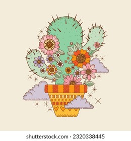 Retro groovy cactus. Acid psychedelic sticker with cute cacti in pot with flowers, cloud. Drawing in doodle hippy style, vector hand drawn illustration isolated on white background. Cartoon trendy art