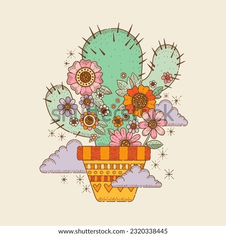 Retro groovy cactus. Acid psychedelic sticker with cute cacti in pot with flowers, cloud. Drawing in doodle hippy style, vector hand drawn illustration isolated on white background. Cartoon trendy art