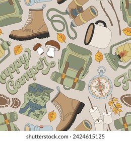 Retro groovy camping hiking outdoor recreation equipment vector seamless pattern. Backpack, trekking boots, compass, map, lantern, binoculars, flashlight, tourist supplies backdrop. Happy camper