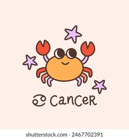 Retro groovy Cancer, zodiac sign. Crab animal in astrology, horoscope symbol. The Water element, esoteric celestial constellation. Cartoon character with stars. Isolated vector illustration