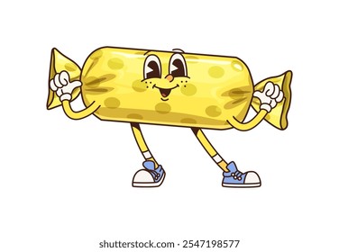 Retro groovy candy character. Cartoon vector sweet sugar food. Cheerful hippie bon-bon personage with a vibrant, yellow wrapper, playful expression and whimsical pose, exuding a fun and nostalgic vibe