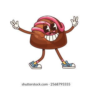 Retro groovy candy sweet cartoon funny character with happy smile on face, vector confection. Funky groovy candy or praline nougat with pink caramel and happy smiling for dessert cartoon character