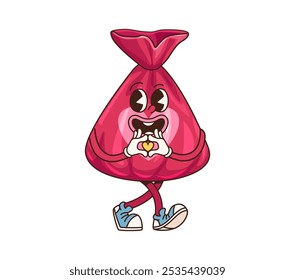 Carácter dulce del caramelo groovy retro que hace un gesto del corazón con las manos, exuda amor, nostalgia de la alegría. Personaje de Vector de dibujos animados de trufa dulce que muestra el ambiente de los años 70, envoltura vibrante y expresiones divertidas