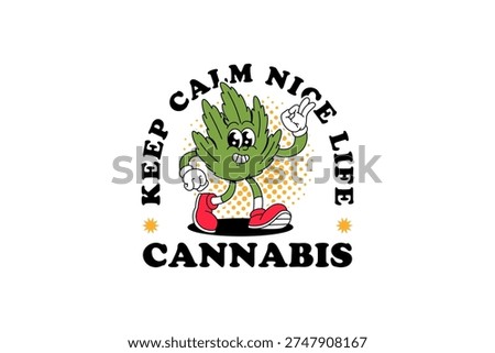 Retro groovy with cannabis leaf mascot. Funny retro cartoon marijuana leaf character with walking and ok hand pose for apparel and merchandise. Vector Illustration