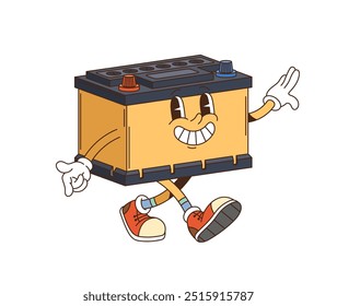 Retro groovy car battery character exuding cheerful nostalgic vibe. Isolated cartoon vector smiling car batter personage symbolizing energy, power, and creativity for automotive and garage services