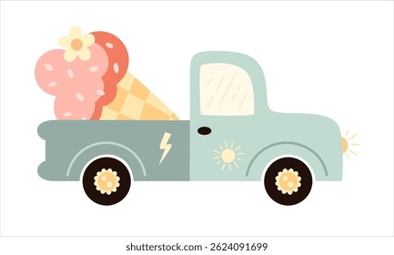 Retro groovy car, cute cartoon seasonal object. Summer hand drawn vector illustration in flat style