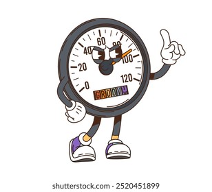 Retro groovy car speedometer character. Isolated cartoon vector fun and vibrant vehicle part personage featuring expressive face and pointing hand gesture , conveying vibes of energy and movement