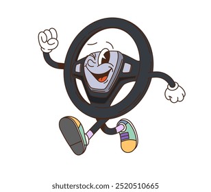 Carácter del volante del coche groovy retro. Casco de Vector de dibujos animados aislado, personaje de la parte del vehículo con expresión juguetona y alegre, con zapatillas de deporte coloridas y groovy. Rueda de coche caprichosa, divertida y peculiar