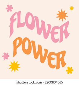 Retro groovy card with vintage lettering flower power. Nostalgic and retro card. Vector lettering and stars