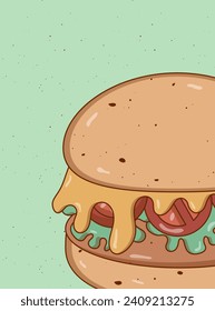 Retro groovy cartoon Burger poster. Vintage fast food retro colors. Flat style and free space. Funky vector illustration