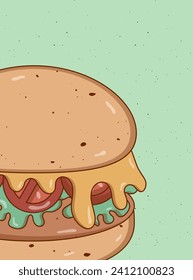 Retro groovy cartoon Burger poster. Vintage fast food retro colors. Flat style and free space. Funky vector illustration