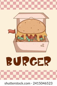 Retro groovy cartoon Burger poster. Vintage fast food retro colors. Flat style. Funky vector illustration