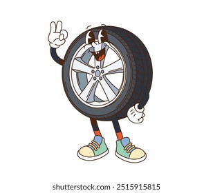 Retro groovy cartoon car tyre character with cheerful expressions and vibrant shoes holding up ok sign. Isolated cartoon vector tire personage promotes automotive service with playful and fun vibe