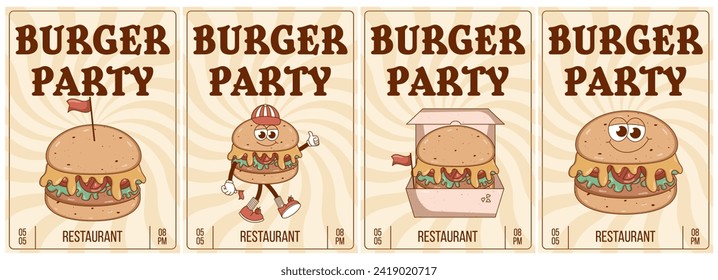 Retro groovy cartoon character Burger party invitation set. Vintage mascot psychedelic smile. Retro colors. Flat style. Funky vector illustration