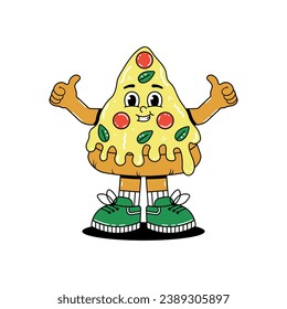 Retro groovy cartoon character fast food Pizza. Vintage mascot with psychedelic smile and emotion. Funky vector illustration